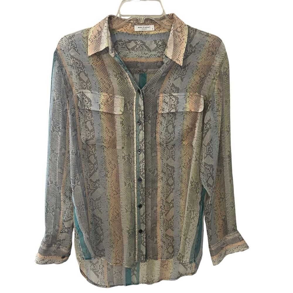 Equipment Femme Skylar Snake Print Silk Button Up Blouse Rainbow Sheer Small